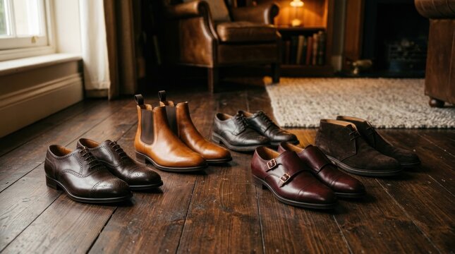 A collection of men's leather shoes is displayed on a wooden floor. Several pairs of dress shoes, boots, and loafers are arranged in a row.