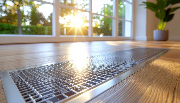 Modern floor convector heating vent in sunlit living room