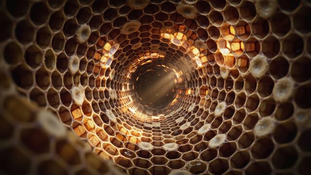 Close up view inside a honeycomb tunnel with hexagonal wax cells and golden light glowing through the structure of the beehive interior