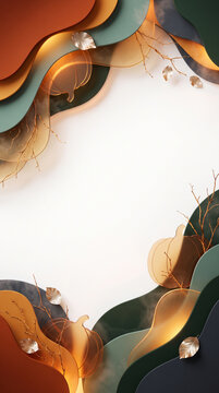 Abstract layered paper cut background with glass pumpkins, golden branches, and copy space