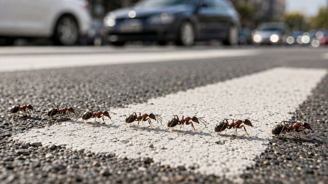 Ants Crossing a Road in a City with Blurred Traffic