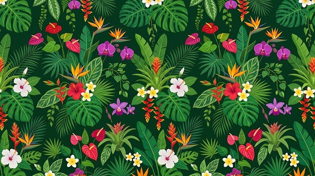 Lush jungle floral pattern with exotic hibiscus and monstera leaves