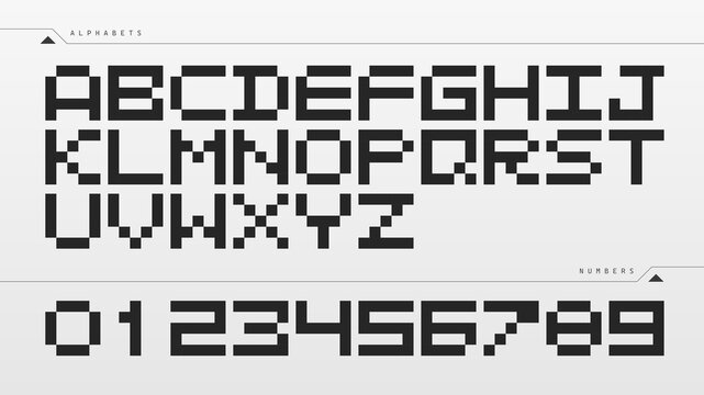 Geometric pixel alphabet and number typeface specimen in black.  Black geometric pixel typeface specimen displaying the complete uppercase alphabet and numerals in a modular square grid style.