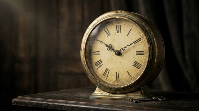 A vintage, ornate clock rests on a dark wooden table. Dust motes dance in a beam of light, creating a dramatic and ethereal atmosphere.