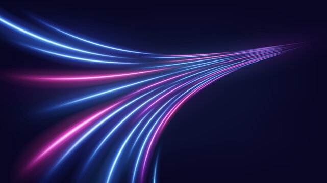 Blue pink neon light trails flowing abstract digital wave backdrop form.  Abstract composition featuring flowing blue, pink and purple neon light trails converging toward a central point against a dar