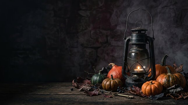 A vintage rustic lantern glowing beside various autumn pumpkins on a dark wooden table for a spooky halloween celebration