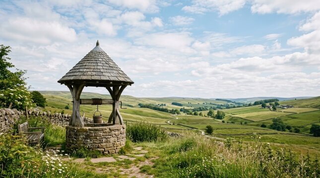 A weathered wooden well house stands atop a grassy hill overlooking a picturesque valley. The well house features a steeply pitched, slate-covered roof and a stone-built well.