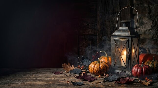A glowing vintage lantern illuminates small pumpkins and autumn leaves on a rustic wooden surface for a spooky halloween background