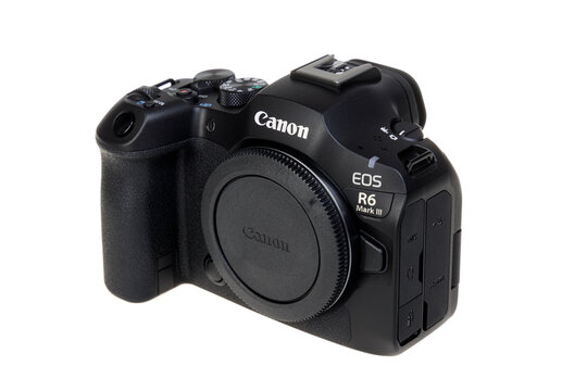 Varna , Bulgaria - July 12, 2026: Canon EOS R6 Mark III Full-Frame Mirrorless Digital Camera Body with Lens Cap, Professional Photography Equipment Isolated on White Background