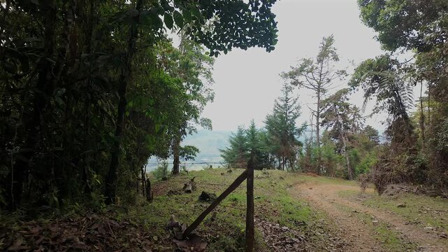 dirt road and fence post in rural mountain landscape