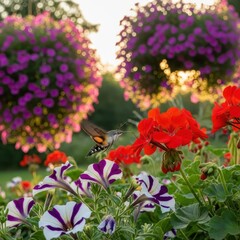 Naklejka premium Colorful garden flowers with hummingbird at sunset.