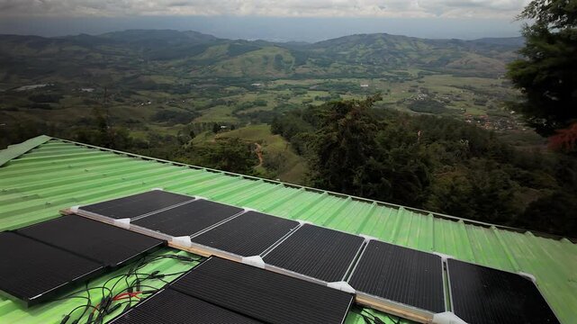 solar panels installed on green roof with panoramic colombia valley view