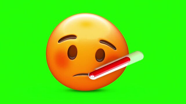 3D Glossy Face with Thermometer Emoji Sick with Fever and Red Cheeks Holding Glass Thermometer 4k stock animation video on a green screen for chroma key background in video editing.