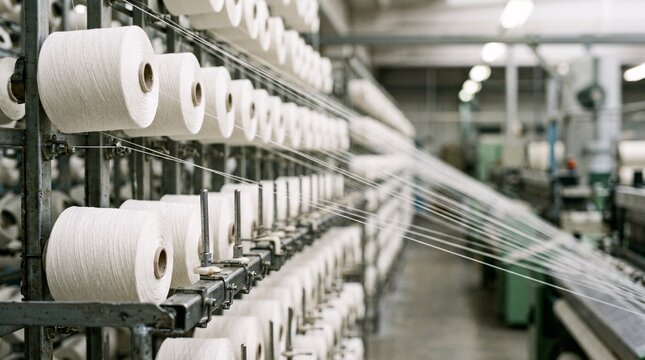 Rows of white yarn spools on a weaving machine in a modern automated textile manufacturing factory.