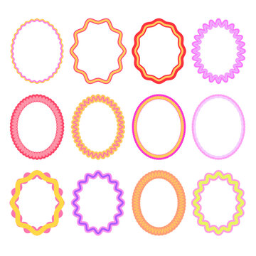 Colorful Oval Decorative Frames and Wavy Border Collection, Pastel Hand Drawn Badge Shapes
