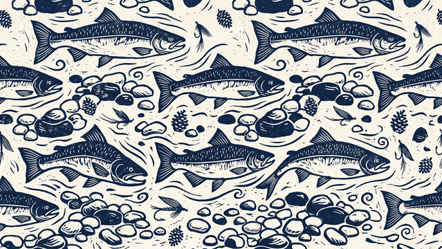 Hand carved linocut style seamless pattern featuring swimming salmon, river stones, pinecones and fishing flies in navy blue on cream.

