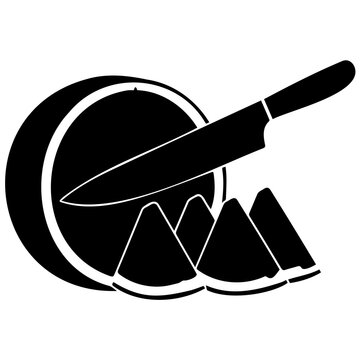 Watermelon with knife and slices black and white simple design for fruit preparation vector.