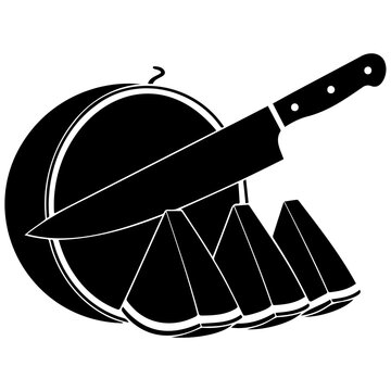 Watermelon with knife and slices black and white simple design for fruit preparation vector.