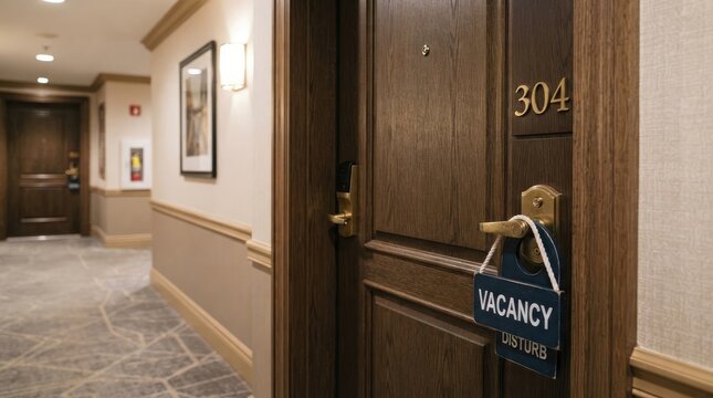 A dark wooden door with the number 304 prominently displayed and a &lsquo;VACANCY&rsquo; sign hanging on it. The sign also includes the word &lsquo;DISTURB&rsquo;.