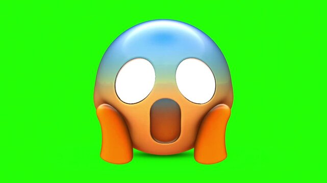 3D Glossy Screaming Emoji Face with Wide White Eyes and Hands 4k stock animation video on a green screen for chroma key background in video editing.