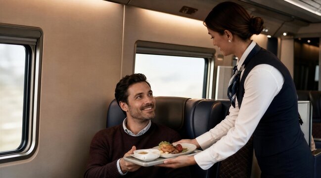 Train Attendant Serving Meal to Passenger in First Class