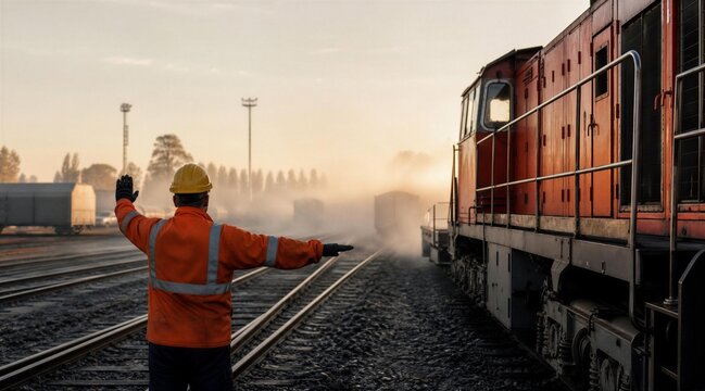 Railroad Worker Signaling Freight Train at Misty Sunrise Yard