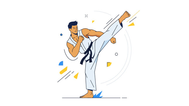 Male karate fighter executes a high side kick in a gi.
