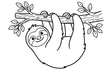 Obraz premium A cute cartoon sloth hanging from a tree branch in a simple black and white line art style perfect for children coloring book page design