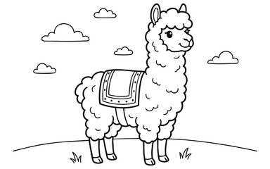 Obraz premium A cute cartoon llama standing in a field with fluffy clouds in the sky designed as a simple black and white line art coloring page