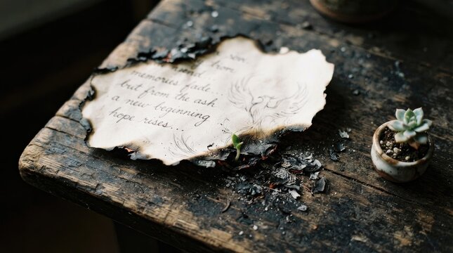 A weathered wooden table displays a partially burned piece of paper with handwritten text. A small succulent sits beside the paper, adding a touch of green to the dark scene.