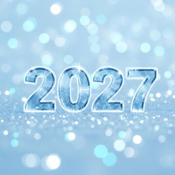 A sparkling blue background with the year 2027 in large, icy numbers