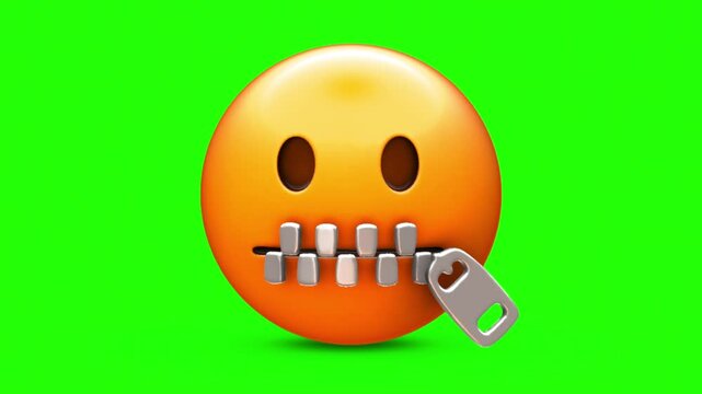 3D Glossy Zipper-Mouth Face Emoji with Round Eyes and Silver Metal Zip Closing Mouth 4k stock animation video on a green screen for chroma key background in video editing.
