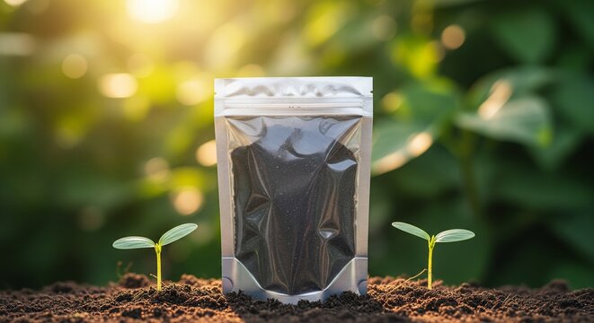 Silver Mylar Pouch Containing Fertilizer Standing in Rich Soil Between Two Young Green Sprouts in Sunlit Field