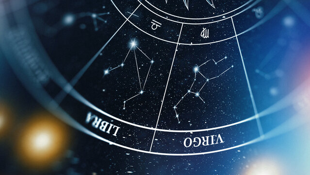 Astrology zodiac signs placed in a circular pattern under a starry night sky