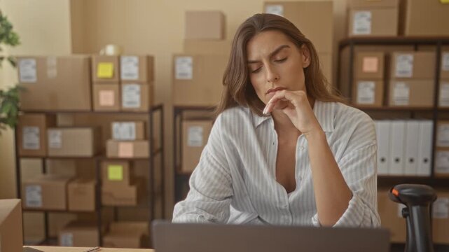 Woman holding pen to chin, thoughtful and checking laptop amid stacked shipping boxes and file binders in a small business building; planning concern.