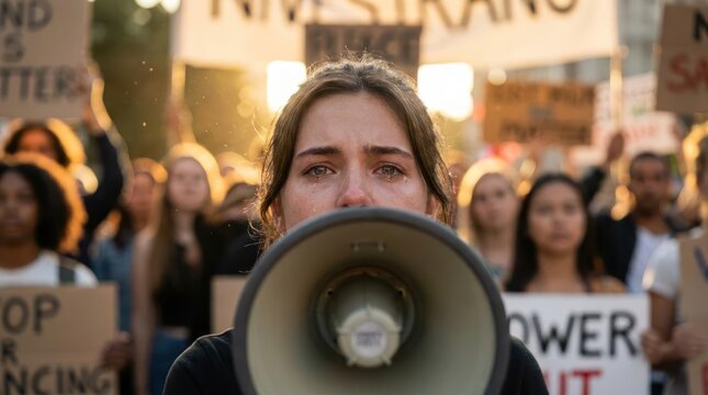 Activist shouting into a megaphone during a public protest.