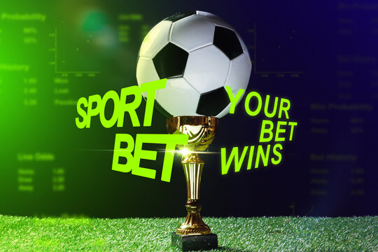 Sport bet wins in an exciting moment with a trophy and soccer ball displayed prominently at a sports betting venue