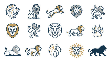 Fototapeta premium Set of lion line icons including roaring males, jumping poses, heraldic crests, paw print, and lion
