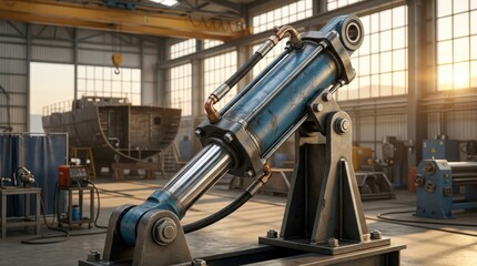 Naklejka premium Heavy-duty hydraulic cylinder mounts on a steel structure inside a manufacturing plant.
