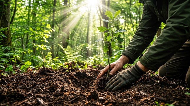 Close up of hands planting young oak sapling in forest soil, sunbeams shining through trees, environmental conservation, reforestation project, sustainable ecology