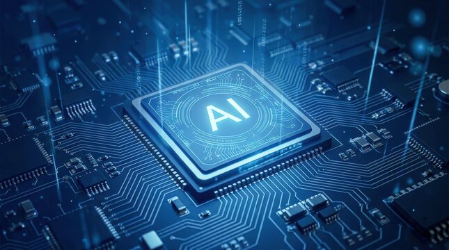 Artificial Intelligence Chip Glowing with Blue Light on a Circuit Board.