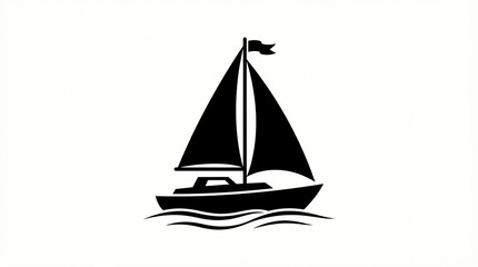 Fototapeta premium Minimalist black sailboat icon featuring sharp geometric sails and a small decorative flag floating on stylized waves set against a clean and solid white background