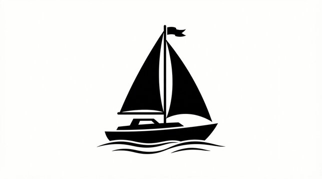 Minimalist black sailboat icon featuring sharp geometric sails and a small decorative flag floating on stylized waves set against a clean and solid white background