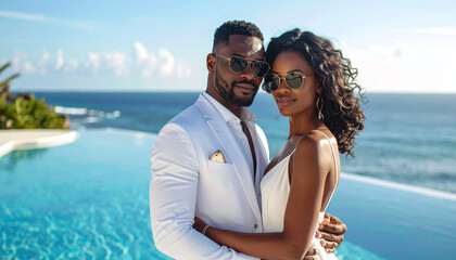 Fototapeta premium A stylish Black couple in elegant white formal attire embraces poolside at a luxury tropical resort. This romantic scene evokes sophistication, sundrenched intimacy, and highend travel bliss.