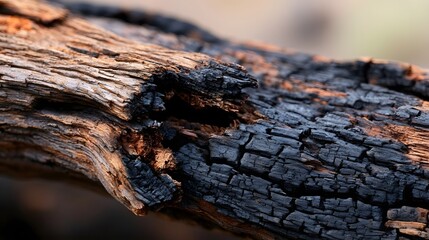 Fototapeta premium Close up of charred wood texture showing cracked bark and weathered organic surface details