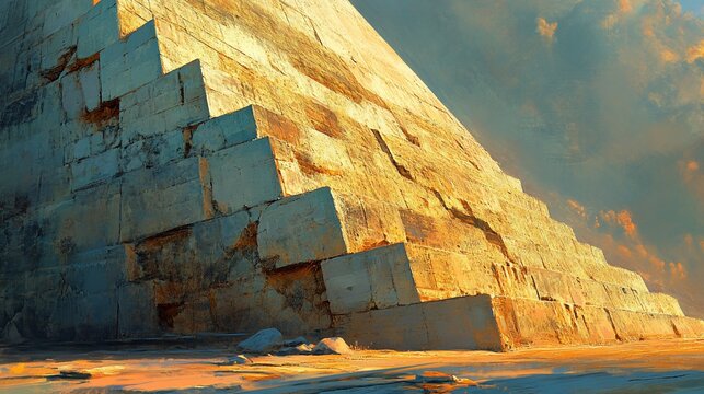 Ancient Pyramid Steps Illuminated by Golden Sunlight, Desert Landscape