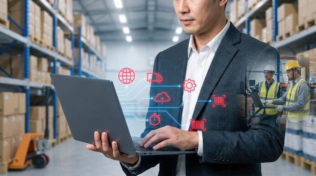 Asian businessman using laptop with digital icons in modern warehouse logistics.