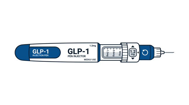 Medical GLP-1 injection pen vector illustration for diabetes management and obesity weight loss treatment