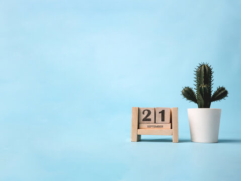 A wooden block calendar for September 21st with a plastic cactus plant on the side on a light blue background.