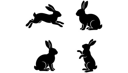 Obraz premium Wild Rabbit Silhouette Vector Set Featuring Running Sitting Alert Stance And Standing Hare Profiles Isolated On White